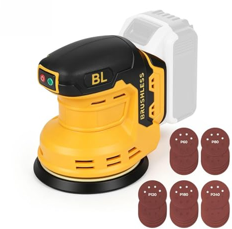 Ponceuse excentrique sans fil compatible DeWalt, 125 mm, sans charbon, 9 700 – 19 000 tr/min – Incl. 25 feuilles abrasives et système d'aspiration ; pour ponçage, polissage, métal et bois