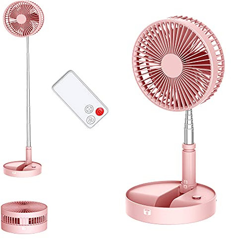 UNITEDTIME Desk and table fan, Air Circulator Fan Portable Travel Fans Battery Operated or USB Powered,Adjustable Height Foldaway with remote Control Timer, 4 Speed Settings (Pink)