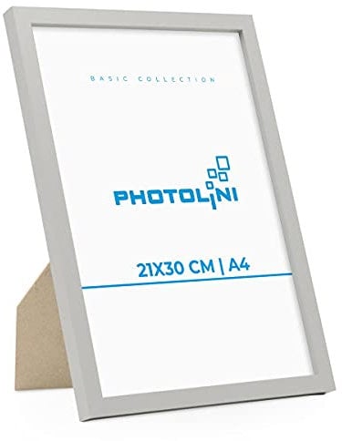 PHOTOLINI Bilderrahmen A4 Holz MDF Silber, DIN A4 Bilderrahmen 21x30 cm Silber, bruchsicheres Acrylglas, picture frame zum Aufhängen & Aufstellen, Rahmen mit Zubehör 30x21 für Fotos & Poster