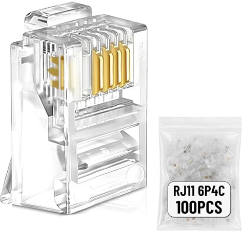 Uvital 100 Pack RJ11 6P4C Plug, Telephone Handset Flat Cord Cable Modular Plug Connector Phone Jack Adapter Crimp End Crimper Clear Plastic Transparent Color