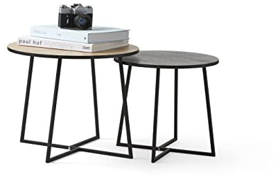 LIFA LIVING 2er Set runde Beistelltische aus MDF Holz und Metall in schwarz und braun, 2X Stilvolle Beistelltische im modernen Design, 2er-Set Couchtische