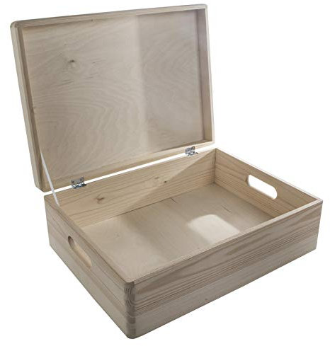 WooDeeDoo Large Shallow Wooden Storage Box with Hinged Lid and Cut-Out Handles – Unfinished Pine Craft Chest – Decorative Keepsake 16L Container Organiser to Paint or Personalise – 40 x 30 x 14 cm