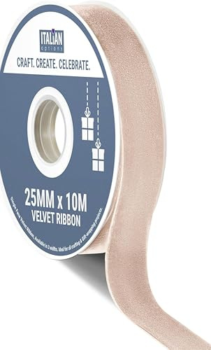 Italian Options Velvet Ribbon, Luxury, Single-Face Velvet Ribbon for Crafting, Christmas, Bows, Hair, Cakes, Weddings, Ornaments, Gift Wrapping, Flowers, 25mm x 10 Metre Roll, Taupe