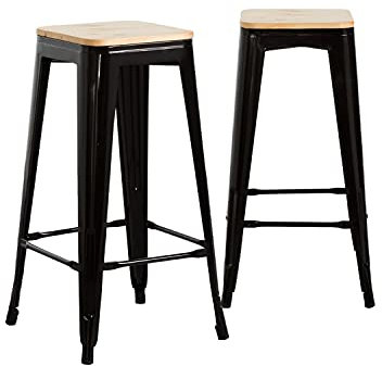 THINIA HOME Pack 2 Taburetes Industriales Strong con Asiento de Madera 43x43x77cm