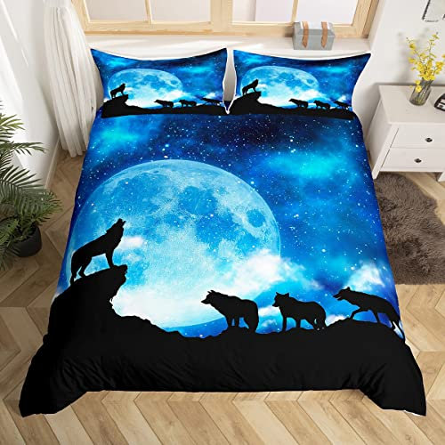 Loussiesd 3D Wolf Bettwäsche Set Der Mond Tier Galaxie Sterne Blau Bettbezug Set Kinder Jungen Mädchen 135x200 cm Microfaser Betten Set mit 1 Kissenbezug 80x80 cm, Reißverschluss