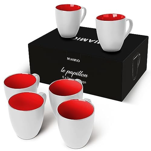 MIAMIO - 6 x 350 ml Juego de Taza de Café/Copa de desayuno - Le Papillon Colección (Blanco-Rojo)