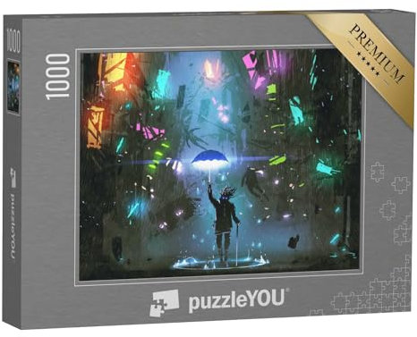 puzzleYOU: Puzzle 1000 Teile „Sci-Fi-Szene, die einen Mann zeigt, der einen magischen Regenschirm hält“ – aus der Puzzle-Kollektion Fantasy