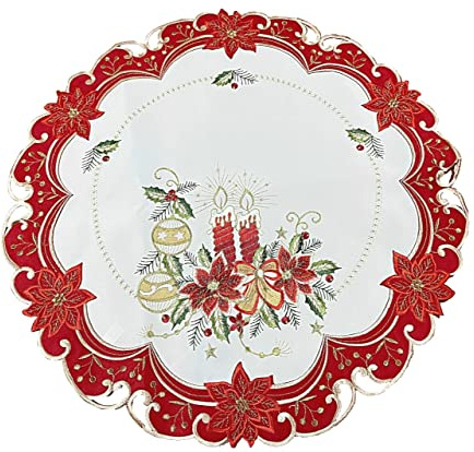 Tischläufer Tischdecke Mitteldecke Tischband Weihnachtsdecke Weihnachten gestickt Kerzen rot Weiss (60rund)