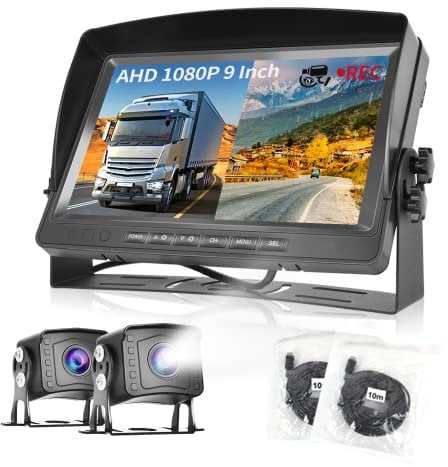 Kit de Cámara Marcha Atras DVR Monitor LCD 9 Pulgadas 2*AHD Camara Trasera Coche Grabación Video, Impermeable IP69/ Visión Nocturna Color/Cable de 2 x 10 m/ 12V-35V para Camion/Bus/Remolques/RV