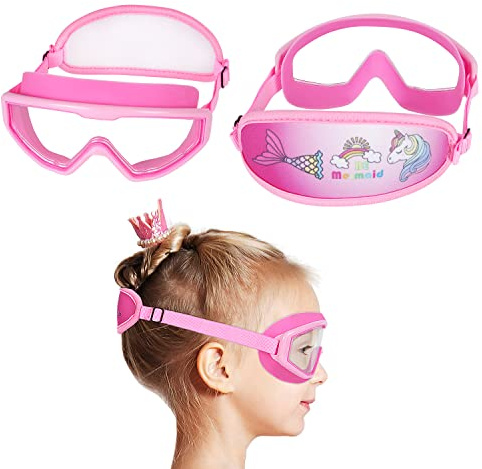 RUIGAO Girls Swim Goggles, Fabric Strap,Unicorn/Mermaid Pink Goggles for Kids swimming 3-8