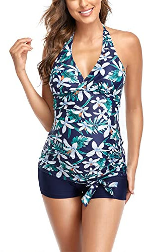Maillot De Bain Maternité,Maillot De Bain Femme Tankini avec Culotte Maillots 2 PièCe Push Up EléGant Plage Floral Maternité Beachwear Tankini pour Grossesse Encein Bathing Suit