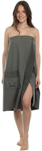 Sansibar Damen Saunasarong Saunakilt S-XXL mit Klettverschluss, Gummizug und Tasche mit gesticktem Säbel Logo 100% Baumwolle Anthrazit