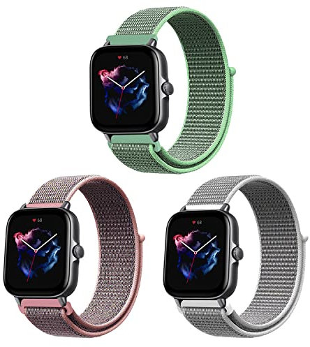 ZoRoll 3 Pack 20mm Correa para Amazfit Active 2/Active/GTS 4 Mini/GTS 4/GTS 3/GTS 2e/GTS 2 Mini, Pulsera de Nailon Correa para Amazfit Bip 3 Pro - Rosado+Blanco+Menta Verde