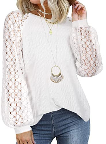 Tuopuda Camisetas de Manga Larga para Mujeres Camiseta de Encaje Waffle de Cuello Redondo Casual Sueltas Blusas Tops(Blanco,S)