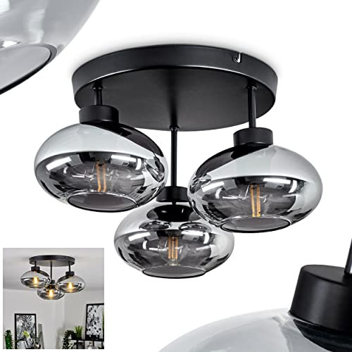 Deckenleuchte Haikala, Deckenlampe aus Metall/Glas in Schwarz/Rauchfarben, Retro/Vintage Leuchte 3-flammig, 3 x E27 max. 40 Watt, Leuchte Schirmen aus Rauchglas