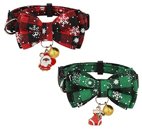 AIEX 2 Stück Weihnachtshalsband Katze, Katzenhalsband Klein Katzenhalsband Mit Sicherheitsverschluss Katzenhalsband mit Schleife, Glöckchen und Anhänger Verstellbares Haustierhalsband (Rot, Grün)
