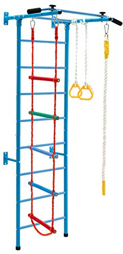 DREAMADE 5 in 1 Sprossenwand aus Metall, Kletterwand inkl. Klimmzugstange & Ringe & Strickleiter & Seil & Wandleiter, Klettergerüst bis 100kg belastbar, für Erwachsene & Kinder ab 3 Jahre (Blau)
