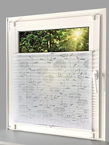 Klemmfix-Plissee mit ausgebranntem Blumenmotiv, lichtdurchlässig, komplett verspannt mit Klemmträger, Breite: 40 cm bis 130 cm/Höhe: 130 cm und 210 cm, Farbe: weiß (100 x 130)