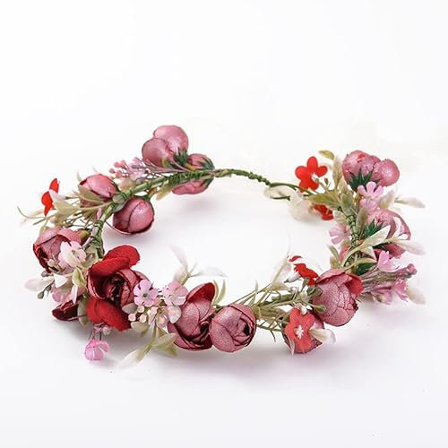 BSLVWG Blumenkranz Blumenkrone Stirnband, Blumenstirnbänder Kopfschmuck Haarbänder Blumengirlande, Frauen Mädchen für Festival Party Hochzeit Strand (Weinrot)