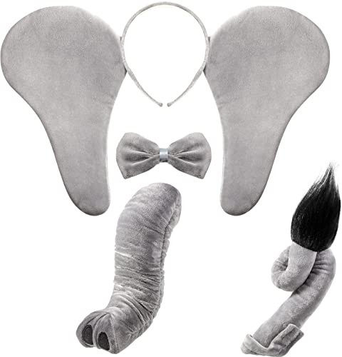 4 Stück Kinder Elefant Kostüm Accessoires Set Grau Elefant Haarreif Elefant Ohren Nase Schwanz und Fliege für Kinder Erwachsene Halloween Verkleidung Party