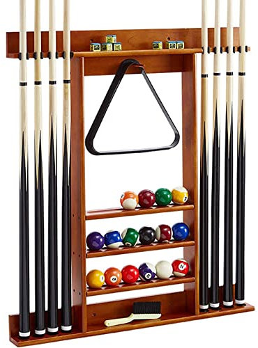 Gruytoie Wand-Queue-Rack für Billard, Billard-Pool-Stick-Halter aus Holz, Wandhalterung, hält 8 Billard-Queue-Sticks und einen vollständigen Satz Bälle, für Spielzimmer, Clubs, Bars