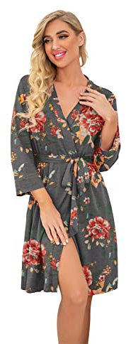 PrinStory Damen Bademantel Leichter Frauen Morgenmantel V-Ausschnitt Kimono Robe Gestrickt Lässig Morgenrock (Blumendruck Blumen Schwarz, XL)