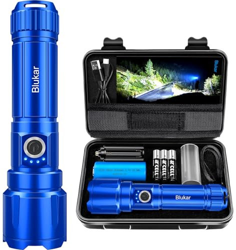 Blukar Taschenlampe LED Aufladbar, Extrem Hell Zoombare Taktische Taschenlampen Starke mit 5 Lichtmodi, IP67 Wasserdichte Flashlight Torch für Camping, Wandern, Outdoor, Angeln, Notfäll