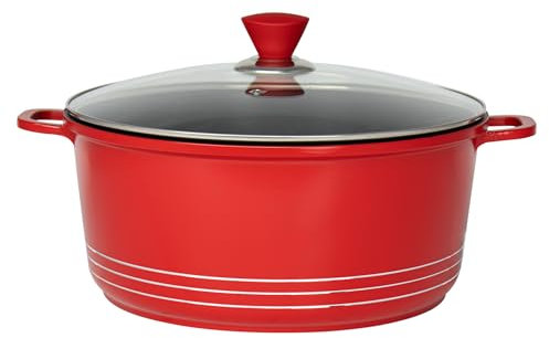 Die Cast Stockpot - Aluminium Non Stick Coating Cooking Pot -Induction Stock Pot with Tempered Glass Lid with Steam Vent -Dishwasher Safe- (20-24- 28-32 cm) (32cm, Red)