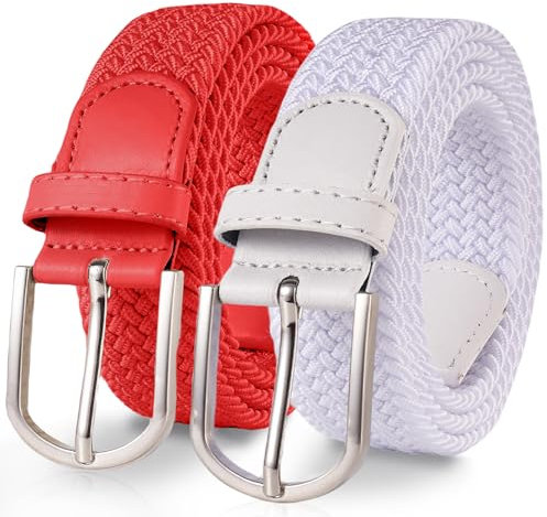 TANGCHAO 2 Stücke Stoffgürtel Stretchgürtel Elastik Flechtgürtel Geflochtener und Elastischer Dehnbarer Gürtel für Damen und Herren Breite 3.3cm Weiß+Rot 120cm
