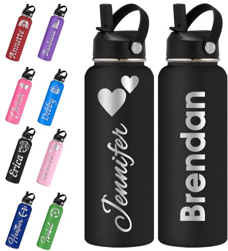 Xihedfd Personalisierte Wasserflasche mit Strohhalm-Deckel, 60 ml, 1,2 l, personalisierbar, Namenslogo, Edelstahl-Isolierflasche, individuelles Geschenk für Schule, Sport, Fitnessstudio, Arbeit