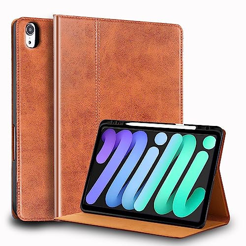 Gexmil Genuine Leather Case for iPad Mini 7 (A17 Pro) 2024 / iPad Mini 6 Generation 2021 8.3 Inch,Pencil Holder,Shockproof Smart Cowhide Cover,Anti-Slip/Fingerprint,Oil Wax Brown