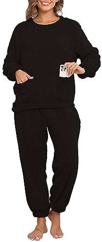 Joligiao Set Pigiama Donna in Pile Teddy, Pigiama Invernale Caldo e Morbido, Felpa Pigiama Donna Caldo a Maniche Lunghe in Pile con Due Tasche per Top e Pantaloni, Termici Ensembles Sleepwear