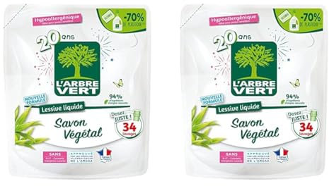 L'ARBRE VERT L'arbre vert - recharge lessive 1.5 l savon vegetale - 34 lavages - Le bidon de 1,53 l (Lot de 2)