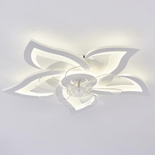 Forma De Flor Ventilador De Techo Con Luz Y Mando A Distancia LED Regulable Con Temporizador Motor DC Silencioso Reversible Lampara Ventilador Techo Diseño Para Dormitorio Salon-White