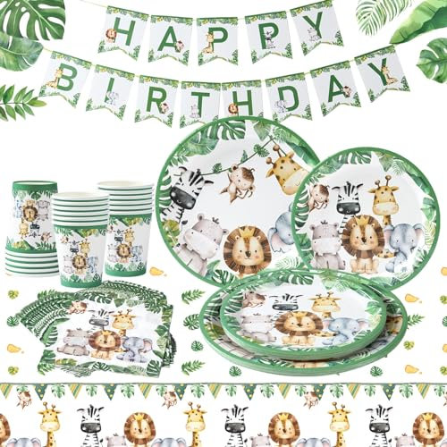 Platos y Vasos Para Cumpleaños Safari -98pcs Verde Platos De Fiesta Tazas y Servilleta Set Con Mantel y Bandera,Vajilla Cumpleaños Infantil, Vajilla De Fiesta Para Baby Shower Decoración Cumpleaños