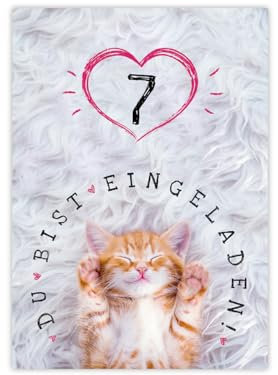 Minkocards 12 Einladungskarten zum 7. Kindergeburtstag Mädchen Katze Einladungen zum siebten Mädchengeburtstag Geburtstagseinladungen