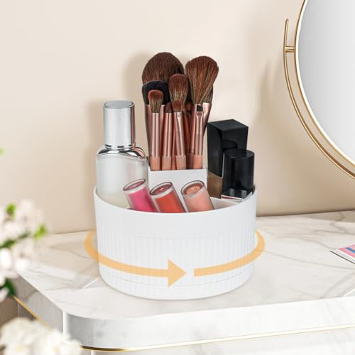LOPHE 360° Rotating Makeup Organiser, 5-Compartment Dustproof Cosmetic Storage with Skincare Organiser, White Vanity Organiser for Dressing Table & Bathroom Countertop