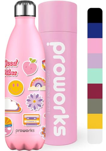Proworks Botellas de Agua Deportivas de Acero Inoxidable Cantimplora Termo, Doble Aislamiento 12 Horas de Bebida Caliente y 24 Horas de Bebida Fría 1L - Rosa Pastel - Vibraciones Retro