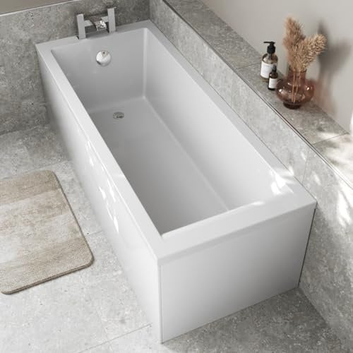 Baystone 1800 x 800mm Single Ended Straight Bath White Gloss Soaking Bathttub, Acrylic Baths for Bathrooms, Straight Square, Adjustable Feet, Side & End Panels Included