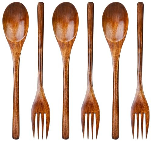 6Pcs Wooden Spoons Forks Set, Wooden Spoons and Forks Cutlery Set, Reusable Wooden Utensil Set Wood Flatware Sets for Stirring Cooking Camping