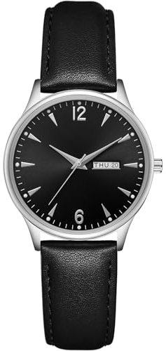 CIVO Damen Uhren Lederarmband Armbanduhr: Analog Wasserdicht Minimalistisch Datum und Tag Klein Runden Damenuhr Silber Gehäuse Quarz Frauen Uhr Schwarz