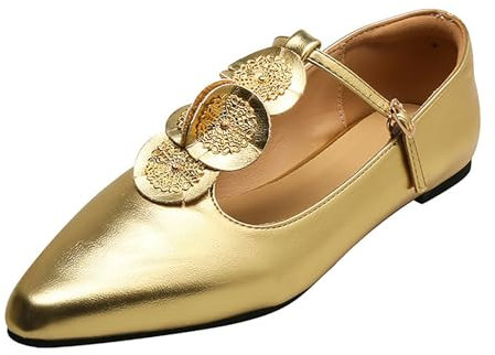 Mocasines Mujer Punta Punta Clásica PU Cómodo Zapatos Bailarina Suave Low Wedge Zapatos Planos Slip-On Bailarinas con Hebilla Slingback Zapatos de Negocios Zapatos Cerrados con Cordones, dorado, 38 EU