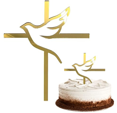 2 Stück Tortendeko-Einsätze, Kreuz-Kuchendeko, Tauben-Kuchendeko, Taufe-Kuchendeko, glänzende Kuchendeko, exquisite Kuchendeko für Hochzeit, Geburtstag, Party (Gold)