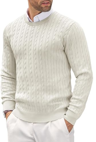 COOFANDY Men's Crew Neck Jumper Lightweight Cable Knitted Sweater Casual Winter Jumper White M