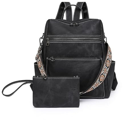 Puwuzixi Frauen Rucksack Wasserdicht Anti-Diebstahl Leichtgewicht PU Mode Reisen Mehrzweck Cabrio Geldbörse Umhängetasche Handtasche Rucksack(Black)