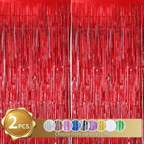 RIBBOOO 2 Pcs Red Foil Fringe Tinsel Curtains, Metallic Glitter Curtain, door streamers for Stage, Birthday Wedding Baby Shower, Christmas Party Decoration (3.28 ft x 6.56 ft)