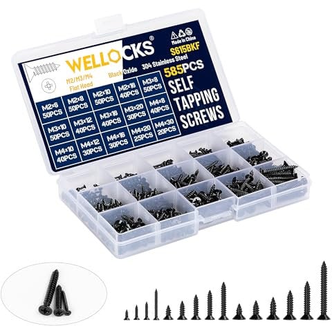 WELLOCKS Selbstschneidende Schrauben | 615 PCS M2/M3/M4 Schwarzes Oxid Edelstahl Schrauben Sortiment Kit | Flacher Kopf Blechschrauben Holzschrauben Set Aufbewahrungsbox | für Reparatur (S615BKF)