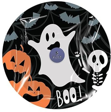 Tech Island Halloween Themed Paper Plates 22.5cm 8pk Disposable Cute Paper Plates Halloween Pumpkin Party Supplies Black with Ghosts, Pumpkins, and Bats