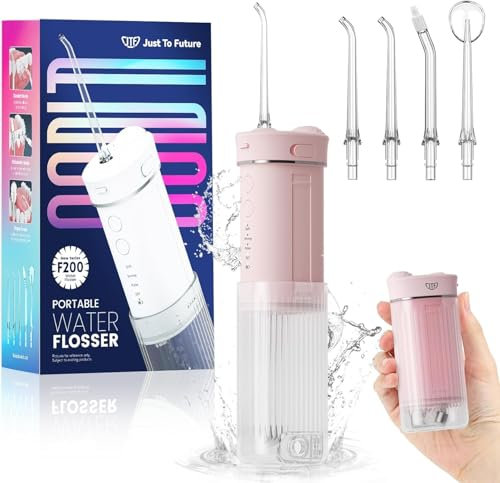 JTF Travel Water Flosser for Teeth Cordless, Mini Portable Oral Irrigator with 4 Modes, 5 Jet Tips, 230ml Water Tank, Ipx7 Waterproof Small Dental Teeth Electric Flosser for Teeth Gums, Pink