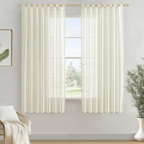 MIULEE Voile Gardine Leineneffekt 2er Set B140 H160 Elfenbeinweiß | Halbtransparente Voile mit natürlichem Leineneffekt und praktischen Schlaufen, Deko für Wohnzimmer und Schlafzimmer